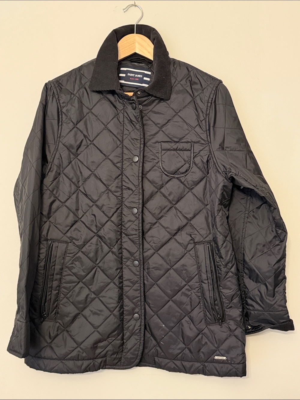 Saint James Black Quilted Jacket with Corduroy Trim – Women’s Size 8